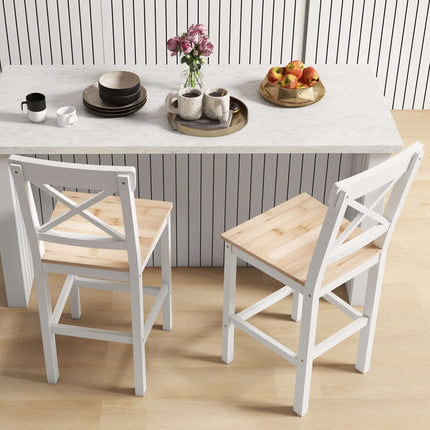 Ensemble de 2 tabourets de bar, en pin, avec dossier et repose-pieds.