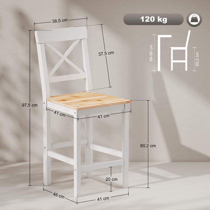 Ensemble de 2 tabourets de bar, en pin, avec dossier et repose-pieds.