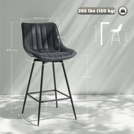Ensemble de 2 tabourets de bar, 68 cm, pivotants à 360°, noirs, avec dossier