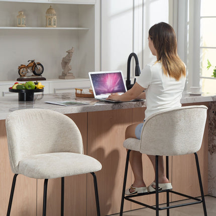 Lot de 2 tabourets de bar, dossier et repose-pieds, beige