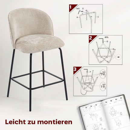 Lot de 2 tabourets de bar, dossier et repose-pieds, beige