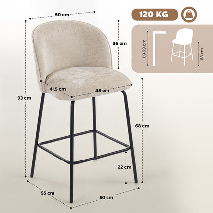 Lot de 2 tabourets de bar, dossier et repose-pieds, beige
