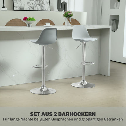 Lot de 2 tabourets de bar, chaises de bar rembourrées avec cadre en acier, dossier, chaises de cuisine réglables en hauteur avec repose-pieds, tabouret de comptoir rotatif à 360° pour cuisine, salon, salle à manger, simili cuir gris