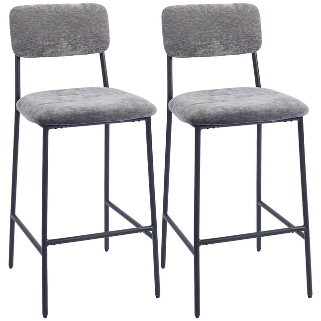 Ensemble de 2 tabourets de bar, rembourrés, dossier haut, tissu gris, acier