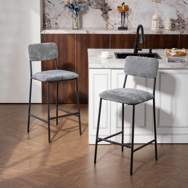 Ensemble de 2 tabourets de bar, rembourrés, dossier haut, tissu gris, acier