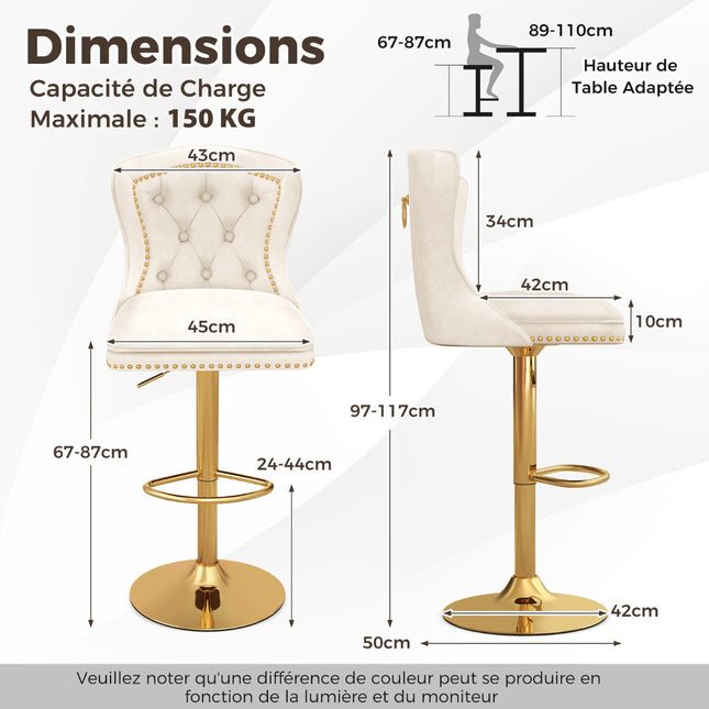 Ensemble de 2 tabourets de bar pivotants à hauteur réglable, en velours beige