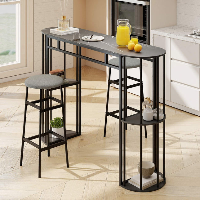 Table de bar 150 cm imitation marbre, structure en métal noir, étagères de rangement
