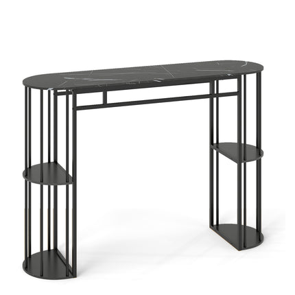 Bartisch 150 cm Kunstmarmor, schwarzes Metallgestell, Ablageregale