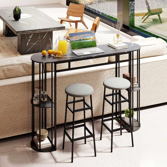 Table de bar 150 cm imitation marbre, structure en métal noir, étagères de rangement
