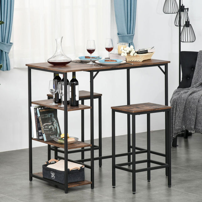 3-teiliges rustikales Bartisch-Set mit Ablagen, Stahlrahmen