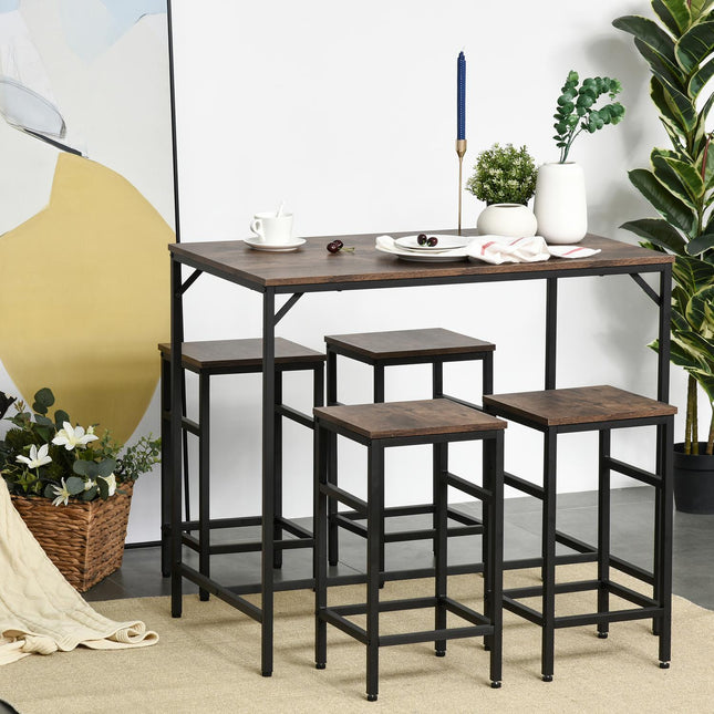 5-teiliges rustikales Bar-Tisch-Set in Braun mit 4 Hockern