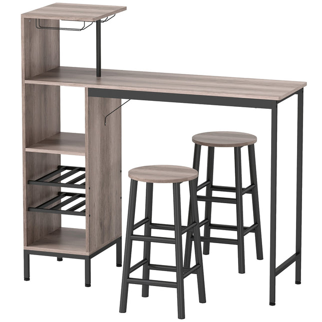 Ensemble table de bar, rangement, casiers à vin, tabourets, gris