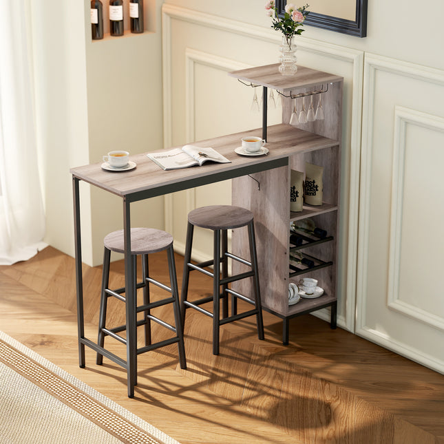 Ensemble table de bar, rangement, casiers à vin, tabourets, gris