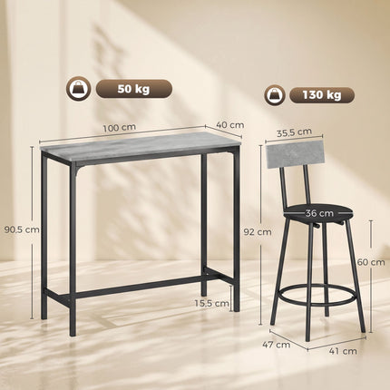 Bartisch-Set mit 2 grauen Hockern aus PU-Leder, platzsparend