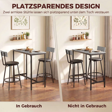Bartisch-Set mit 2 grauen Hockern aus PU-Leder, platzsparend