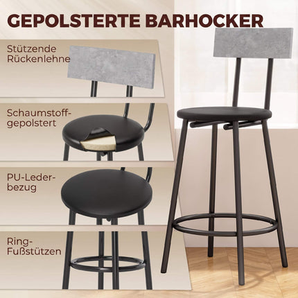 Bartisch-Set mit 2 grauen Hockern aus PU-Leder, platzsparend