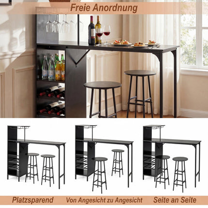 Ensemble table de bar avec 2 tabourets, noir, rangement pour bouteilles de vin