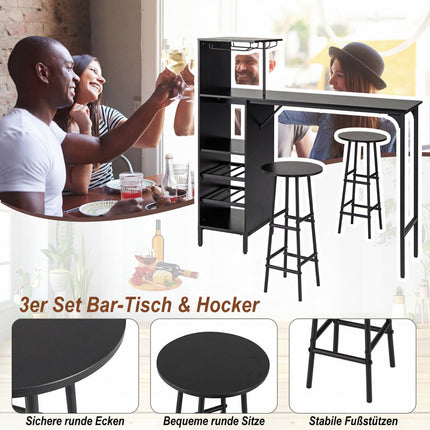 Ensemble table de bar avec 2 tabourets, noir, rangement pour bouteilles de vin