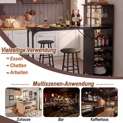 Ensemble table de bar avec 2 tabourets, noir, rangement pour bouteilles de vin
