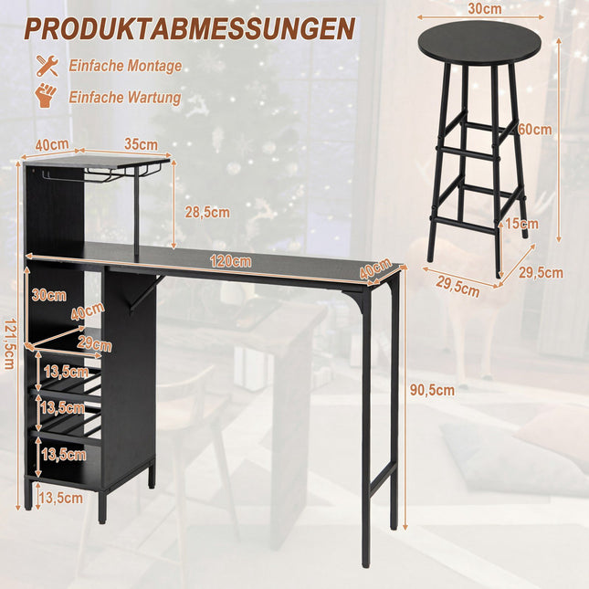 Bartisch-Set mit 2 Hockern, Schwarz, Weinablage