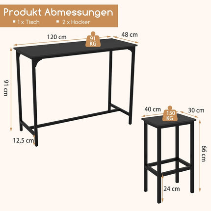 Ensemble table de bar avec 2 tabourets, style industriel, noir