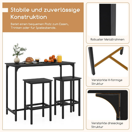 Ensemble table de bar avec 2 tabourets, style industriel, noir