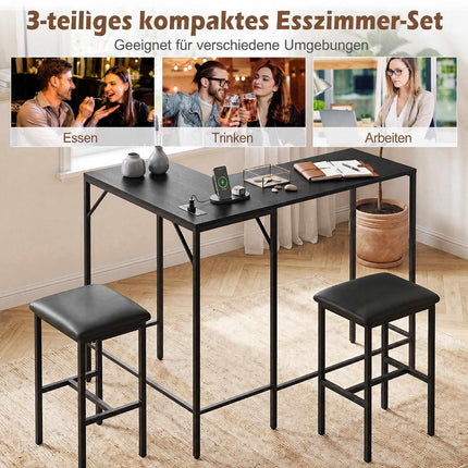 Ensemble table de bar avec 2 tabourets, prise électrique intégrée, noir