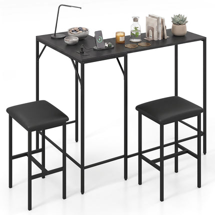 Ensemble table de bar avec 2 tabourets, prise électrique intégrée, noir