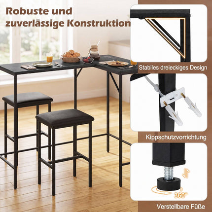 Ensemble table de bar avec 2 tabourets, prise électrique intégrée, noir