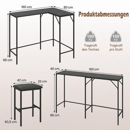 Ensemble table de bar avec 2 tabourets, prise électrique intégrée, noir