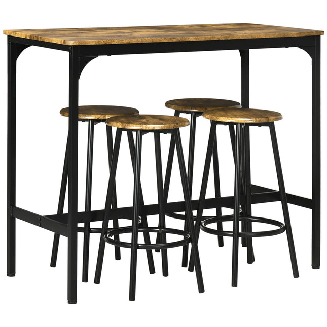 Industrielles Bartisch-Set mit 4 Hockern, Rustikales Braun