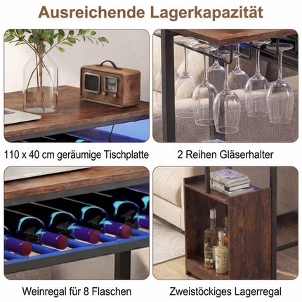 Table de bar avec éclairage RGB, porte-bouteilles, porte-verres, USB-C