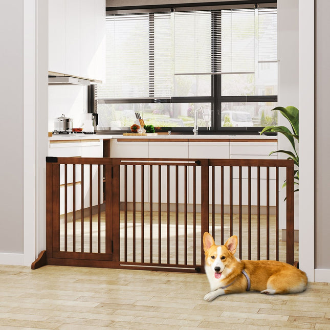 Barrier Barrière Autoportante Pour Chien Avec Porte, Barrière De Protection En Bois, Marron, 113-166X36X71 Cm