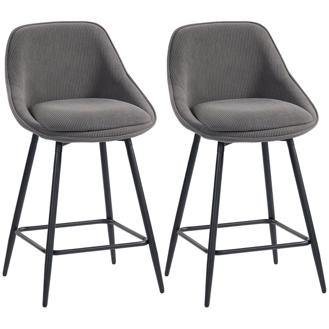 Lot de 2 tabourets de bar, revêtement en velours côtelé, pieds en acier, gris