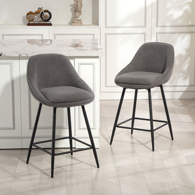 Lot de 2 tabourets de bar, revêtement en velours côtelé, pieds en acier, gris