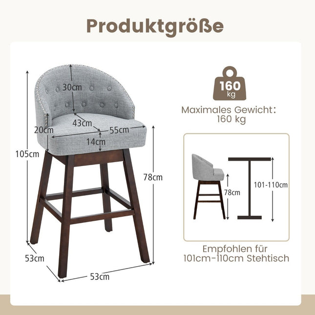 Lot de 2 tabourets de bar, chaise de bar, rotatif à 360°, tabouret de cuisine avec dossier et repose-pieds, 55 x 53 x 105 cm, gris + marron