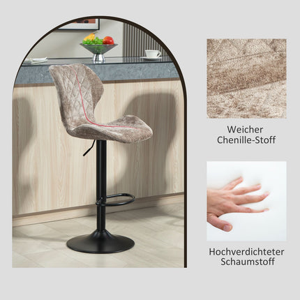 Verstellbare Barhocker aus braunem Chenille, um 360° drehbar, 2er-Set