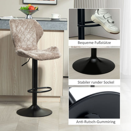 Verstellbare Barhocker aus braunem Chenille, um 360° drehbar, 2er-Set