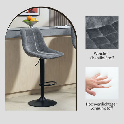 Lot de 2 tabourets de bar, chaise de bar rembourrée avec dossier, structure en acier, aspect chenille, chaises de cuisine réglables en hauteur avec repose-pieds, rotatifs à 360°, tabouret de comptoir pour cuisine, salon, gris foncé