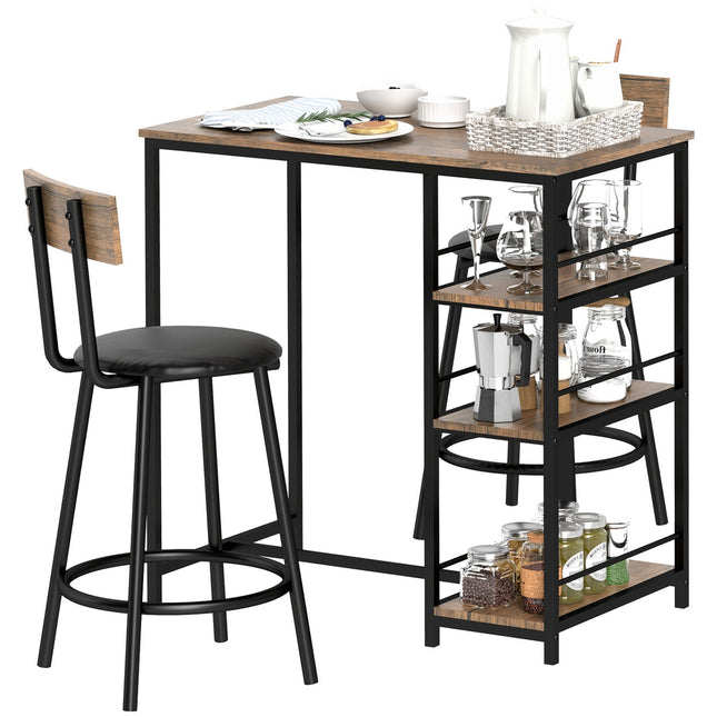 Table de bar avec tabouret de bar, 3 pièces. Ensemble de table de bar avec table de cuisine 3 étagères 2 chaises de bar Style moderne Salle à manger Cuisine Acier Chêne Aosom
