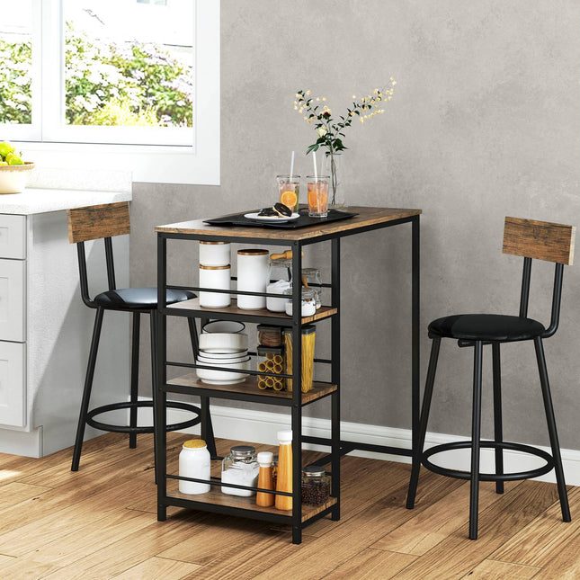 Table de bar avec tabouret de bar, 3 pièces. Ensemble de table de bar avec table de cuisine 3 étagères 2 chaises de bar Style moderne Salle à manger Cuisine Acier Chêne Aosom