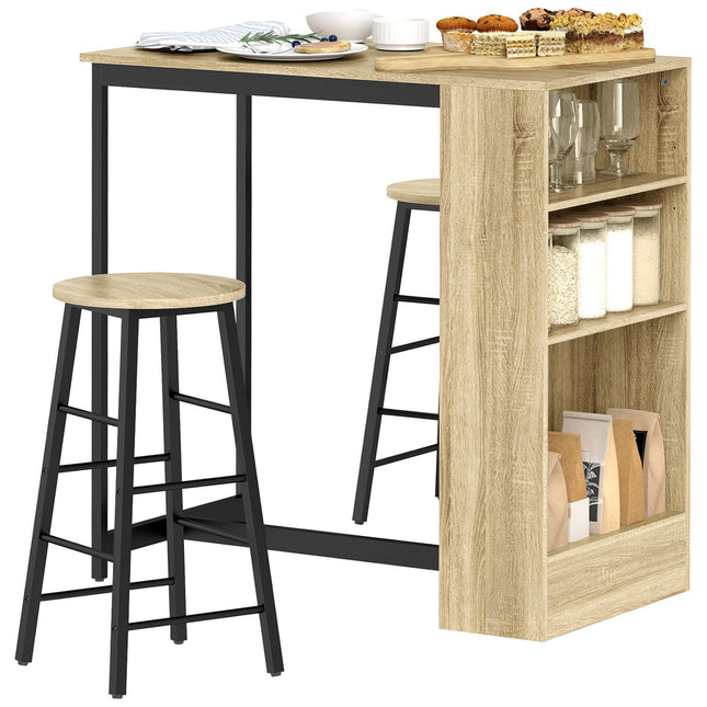Table de bar avec tabouret de bar, 3 pièces. Ensemble de table de bar avec table de cuisine, rangement, 2 tabourets, repose-pieds, style moderne, gain de place, salle à manger, cuisine, acier, chêne Aosom