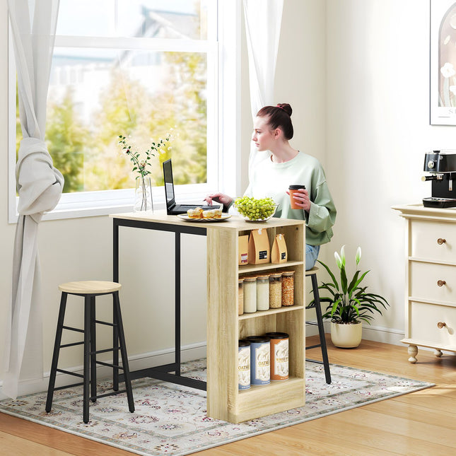 Table de bar avec tabouret de bar, 3 pièces. Ensemble de table de bar avec table de cuisine, rangement, 2 tabourets, repose-pieds, style moderne, gain de place, salle à manger, cuisine, acier, chêne Aosom
