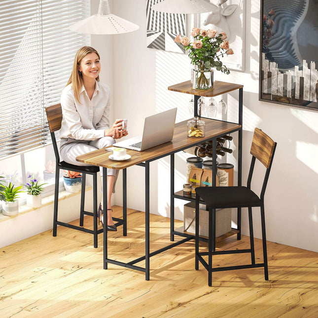 Table de bar avec tabouret de bar, 3 pièces. Ensemble de table de bar avec table de cuisine pliante, porte-verre à vin, casier à vin, 2 chaises de bar, structure en acier, dans un style moderne, groupe de salle à manger pour salle à manger, cuisine,