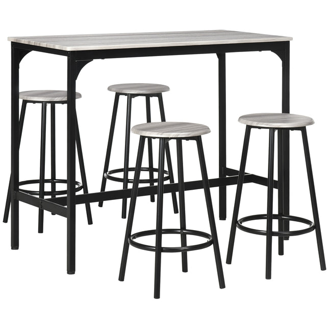 Industrielles Bartisch-Set mit 4 Hockern – Grau, 5-teilig