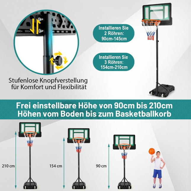 Support de basket-ball 90/158-210 cm, panier de basket réglable en hauteur avec support, résistant aux intempéries, intérieur et extérieur, vert