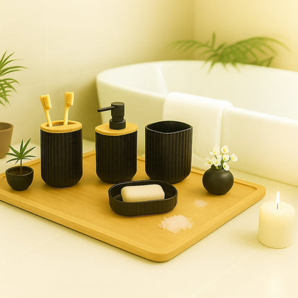 Ensemble d'accessoires de salle de bain, 6 pièces, en plastique et bambou