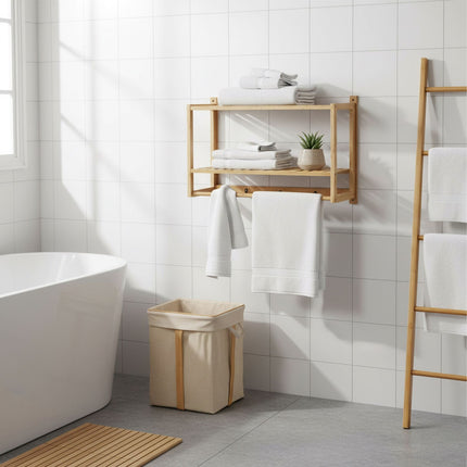 Étagère de salle de bain en bambou avec porte-serviettes et crochets