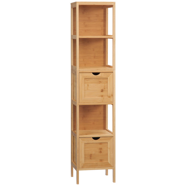 Hoher Badezimmerschrank aus Bambus mit Regalen und Schubladen