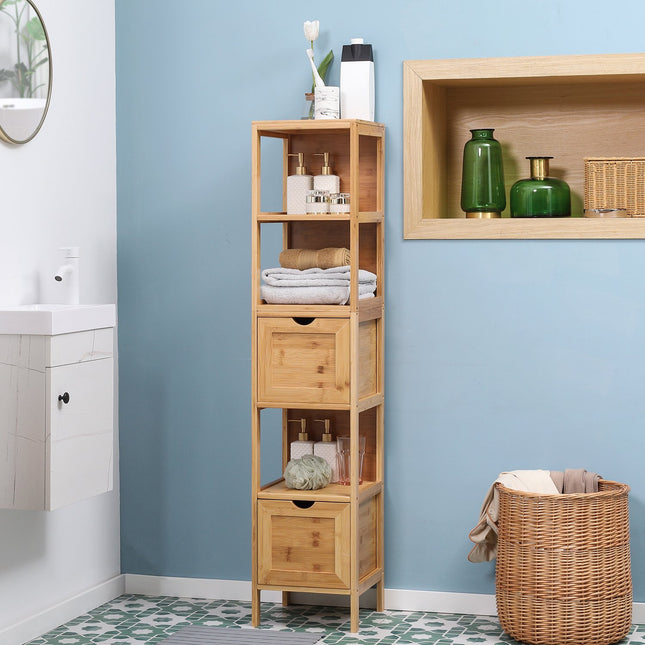 Hoher Badezimmerschrank aus Bambus mit Regalen und Schubladen